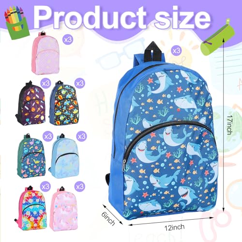 Clysee 12 Pack School Backpack Bulk 15'', Assorted Printed Bookbags for Boys Girls, Donations Supplies (Fun)