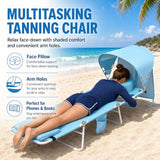 Backpack Beach Tanning Lounge Chair with Canopy Shade Face Hole Padded Adjustable Washable, 6 Position Layout Chair for Outside Sunbathing Poolside Lawn, UPF 50+ Wind-Resistant Sun Shade, Patented