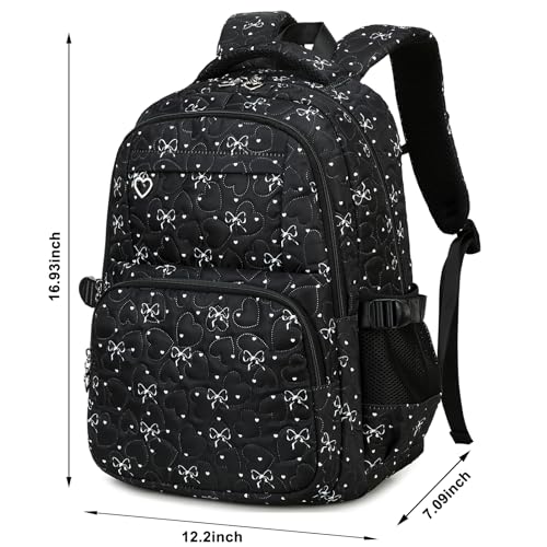 Joyfulife Bow Print School Backpack for Girls Backpack with Lunch Box Kids Bookbags Preschool Kindergarten Primary Elementary School Bags Teen Travel Back Pack (Black)