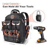LOKASS Tool Backpack Heavy Duty with Molded Bottom, 1680D 56-Pocket Tool Bag Organizer with Laptop Compartment & Combination Lock, Durable Water-Resistant Electrician & HVAC Tool Backpack - Black