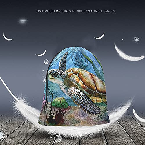 Beabes Watercolor Sea Turtle Drawstring Bags Backpack Bag Ocean Theme Color Animals Swimming Underwater Reef Coral Life Sport Gym Sack Drawstring Bag String Bag Yoga Bag for Men Women