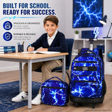 gxtvo Rolling Backpack for Men, Wheeled Bookbag with Lunch Box for Adults, Kids Water Resistant Roller School Bag for College Teens Boys Travel - Lightning Blue