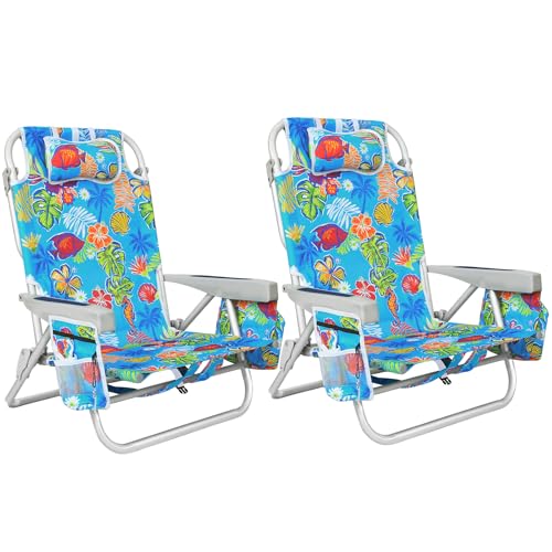 Kamglide 2 Pack Aluminum Backpack Beach Chairs for Adults, 5-Position Lay Flat Folding Camping Chairs with Cooler Bag, Cup & Phone Holder, Towel Bar, Lightweight Portable Outdoor Chairs,Tropical Print