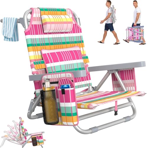 Suteck Beach Chair, Adjustable 5-Position Backpack Beach Chairs for Adults Kids, Foldable Lay Flat Chair with Cooler Bag, Cup Holder and Lumbar Pillow, Reclining Lay Down Chairs (1, Rainbow Pink)