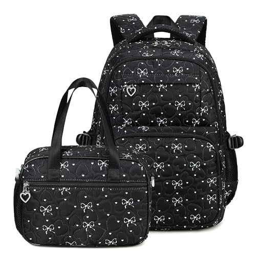 QYTFOA Girls Backpack Set with Bows Heart-shaped Lightweight Schoolbags for Girl Children Spacious Bookbag Waterproof(black-2)