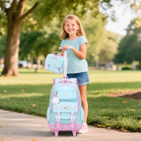 3-IN-1 Rolling Backpack for Girls with Lunch Bag Pencil case, Kawaii Backpack with Wheels for Girls, Roller School Bag with Wheels for Teen Elementary School Bookbags with Cute Pins Aquamarine-Pink