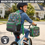 Get Trend Minecraft Kids Backpack Set for Boys with Insulated Lunch Bag & Pencil Case, 3 Pc Book Bag with Padded Straps for School, Travel, Creeper Gamer Gifts for Boys (Grey/Green Minecraft)