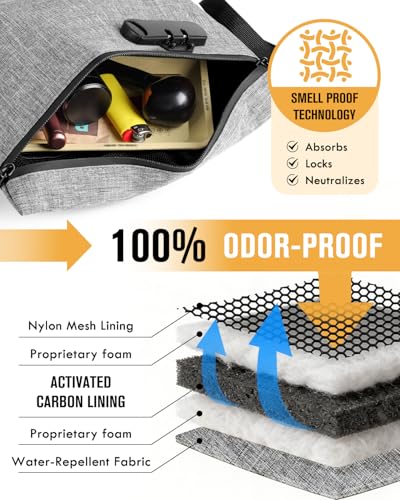 SafeDelux Smell Proof Bag, Odor Proof Bag with Combination Lock, Durable Smell Proof Container with Carbon Lining, Secure Odorless Travel Pouch for Home & On-the-Go (Grey)
