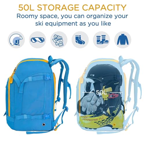 WOLT Ski Boot Bag Backpack - 50L Snowboard Boot Bag for Air Travel for Snow Boots, Ski Helmet, Gloves, Goggles, Skiing Gear (Navy)