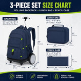 CCJPX 3Pcs Men & Boys Rolling Backpack with Bigger Wheels, Extra-Large Wheeled Bookbag with Lunch Box, Water Resistant Roller Luggage for Travel, Work, College (Blue)