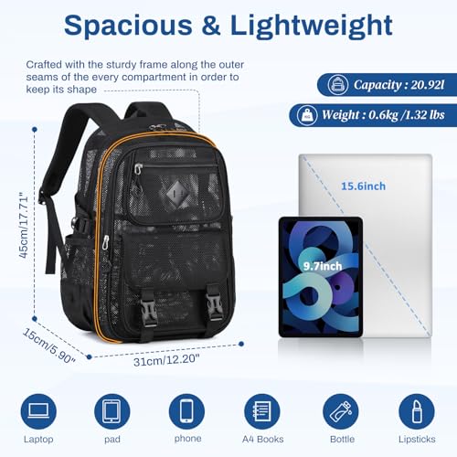 PIG PIG GIRL Mesh Backpack, 17in Heavy Duty See Through Backpack Ultra-Lightweight Net Bookbag Breathable Transparent Beach Backpacks for School Sports Gym, Black
