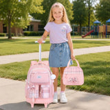 Bevalsa Rolling Backpack for Girls, Roller Backpack with Wheels, Cute Bow Plaid Wheeled School Bookbag Set with Lunch Bag & Pen Case, Suitcases for Kids Teens Elementary Middle Student (Pink)