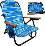 EasyGo Product Backpack Beach Chair 5 Positions and Cup Holder Pouch on Side Padded Pillow Storage Bag on Back Lightweight Rustproof Aluminum Black Frame - 1 Pack Beach Blue