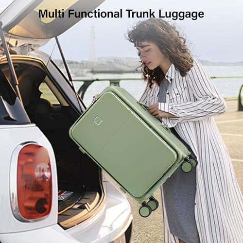 Hanke 20 Inch Carry On Luggage with Cup Holder and Charge,Top Opening Hard Shell Suitcases with Wheels and Dividers,Aluminum Frame Trunk Luggage Small Suitcase with Lock for Travel,Bamboo Green