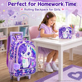 KLFVB Kids Rolling Backpack for Girls, Roller Wheels School Bag with Lunch Bag, Wheeled Sequins School Bookbag for Children - Cat