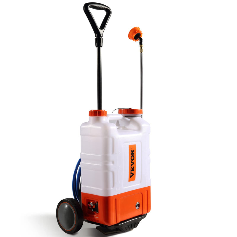 VEVOR 4 Gallon Battery Powered Backpack Sprayer with Wheeled Cart, Adjustable 0-94 PSI, 13FT Hose, 6 Nozzles, 2 Wands Included, Wide Mouth Lid for Weeding, Cleaning, Long Spray Time Without Fatigue