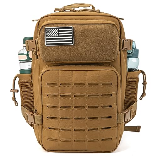 QT&QY 25L Military Tactical Backpacks For men CCW Army Laser cut Molle Daypack small EDC Bug Out Bag Gym Rucksack With Dual Cup Holders medical Rucksack Khaki