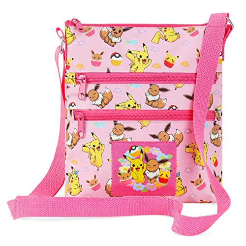 Pokemon Cross Body Bag for Girls Pikachu Eevee Pink Shoulder Bag Kids Girls Accessories Adjustable Strap Bags for Girls Official Merchandise Pokemon Gifts