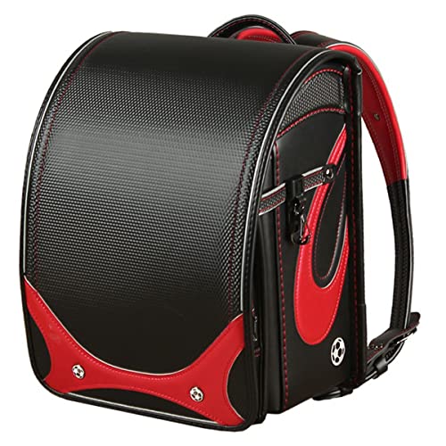 Star-Wind Randoseru Ransel backpack automatic Japanese school bag boys girls leather light weight Rain Cover(Black*Red)