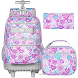 ZLYERT 3Pcs Rolling Backpack for Girls Women, Travel Roller Backpacks with Wheels for Adults, Teens College Love Wheeled Bookbag with Lunch Box(Ash Powder)