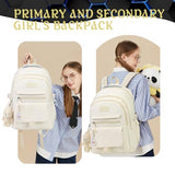 PRLINJSK Girls Backpack for College High Middle School Student, Cute Aesthetic Bookbag for Teens Women with Accessories,Beige