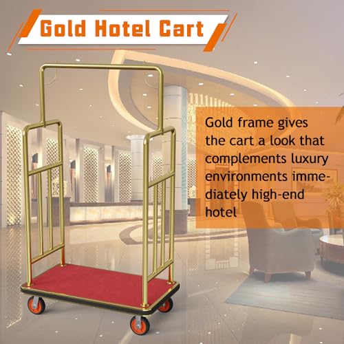 Gold Hotel Luggage Cart,42"x24" Bellman Cart with Baffle Guardrail and 6In Caster Weight Capacity Up to 850LBS Provide Convenience to Guest Gold Finished Hotel Cart Add Elegance to Hotel&Resort