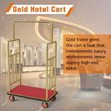 Gold Hotel Luggage Cart,42"x24" Bellman Cart with Baffle Guardrail and 6In Caster Weight Capacity Up to 850LBS Provide Convenience to Guest Gold Finished Hotel Cart Add Elegance to Hotel&Resort