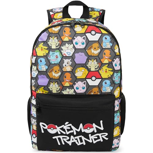 Get Trend Pokemon Kids Backpack for Boys, Anime 18in Book Bag Adjustable Padded Straps Travel School Bag, Gamers Gifts (Black/Multi Pokemon)