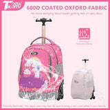 NEW TILAMI 16 Inch Rolling Backpack with Lunch Bag for Kids Adjustable Handle Carry-on Suitcase Wheels for Girls Boys School Travel Camping, Pink Rainbow Unicorn