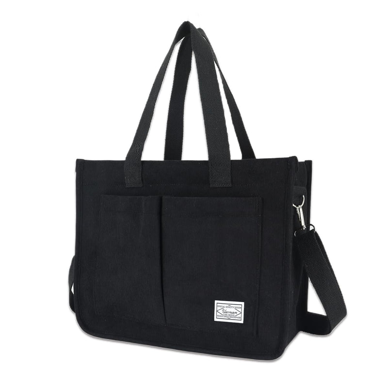 UERRUAM Tote Bag for Women with Pockets,Large Corduroy Crossbody Purse for Laptop,Work,College,Everyday,Travel,Black