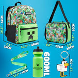 Minecraft Boys Backpack 5 Pc Gift Set, Creeper School Bookbag, Lunch Bag, Water Bottle, Keychain and Lanyard (Green AOP)