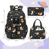 Kouxunt Fox School Backpack for Teens Girls, 3PCS Refrigerator Door Backpacks with Insulated Lunch Box Pencil Bag for Kids Women Students (Black)
