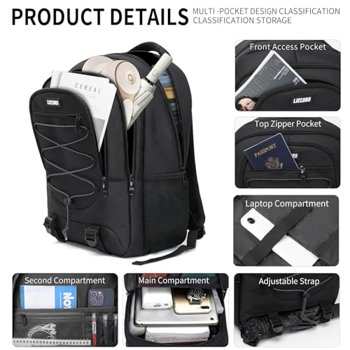 LIECDRO Black School Backpacks for Boys Teens, Backpack for Men,15.6 inch Laptop Back Pack with Reinforced Straps, Large College Book Bag, Business Work Travel Bookbag