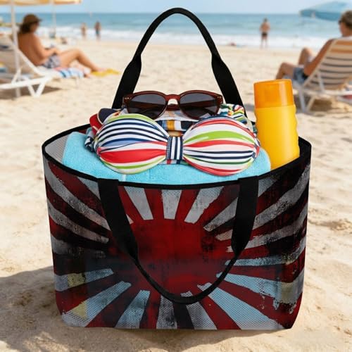 Japanese Chariot Flag Mesh Beach Bag, Red Navy Flag Abstract Large Tote Bag for Swim Pool Beach Travel
