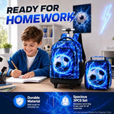 UFNDC 3PCS Rolling Backpack for Boys, Men Lightning Football Backpacks with Wheels，Water-Resistant Travel Roller Wheeled Bookbag