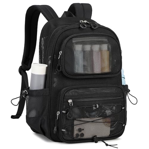 MUSEVOS Mesh Backpack, Heavy Duty See Through Backpack Ultra-Lightweight Net Bookbag Breathable Transparent Bookbag for School Beach Sports Gym Travel, Black