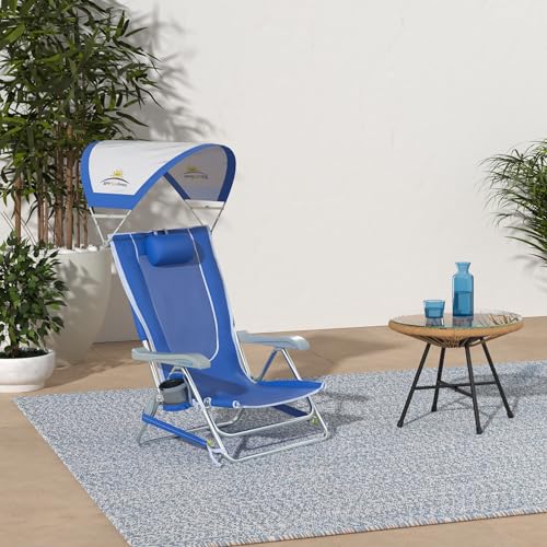 GCI Outdoor Sunshade Backpack Beach Chair | Reclining Folding Canopy Chair with Durable Armrests, Drink Holder & Carry Straps, Perfect for Beach Trips & Picnics — Saybrook Blue