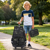 DIGOBAY Camo Rolling Backpack for Boys, 3PCS Tactical Kids Rolling Backpack Set with Lunch Bag & Pencil Case, Boys Wheeled School Bookbag for Elementary, Middle, High School