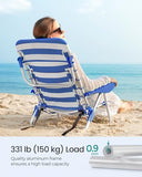 SONGMICS Portable Backpack Beach Chair, 331 lb Capacity, 4 Angles Adjustable Backrest, 2 Side Pockets, Towel Bar, Blue and White UGCB62BU