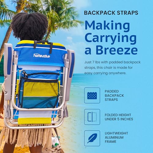 Homevative Cooler+ Folding Backpack Beach Chair with 5 Positions, Towel bar, XL Cooler Pouch, Storage Net, Cup and Phone Holder, Sunshine, 2 Pack