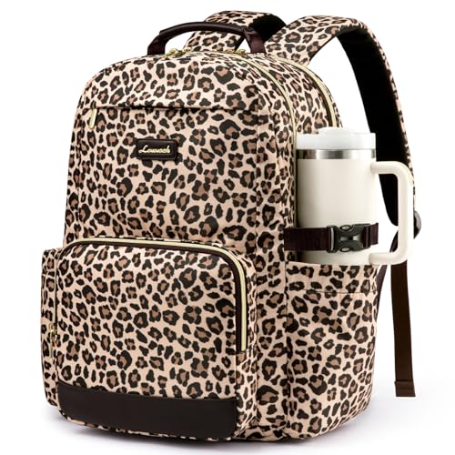 LOVEVOOK Laptop Backpack for Women with Pouch Pocket for Large Capacity Cup,17 Inch Laptop Computer Bag Travel Backpack Purse,Waterproof Work Business Backpack College Teacher Bags,Leopard print