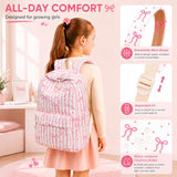 CASLOWIE Backpack for Girls 3PCS Girls Backpack with Lunch Bag Pencil Case Cute Kids Teens School Backpack Set for Elementary Preschool Middle School (Bow Pink Stripes)