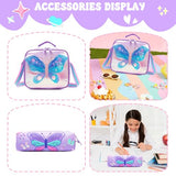 Meetbelify Girls Rolling Backpack with Wheels for Kids 3D Butterfly School Roller Backpack,Carry on Travel Luggage with Lunch Bag and Pencil Case for Girls Ages 5-12