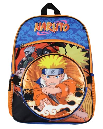 Bioworld Naruto Anime Character Group 16" Youth 5-Piece Backpack Set For School Or Travel With Lunch Tote Pencil Case Rubber Keychain Zipper Pull Carabiner