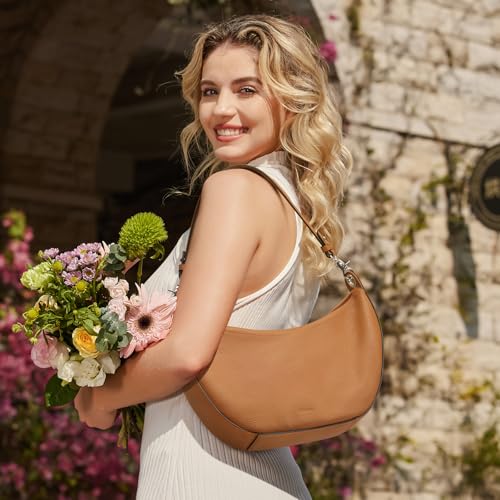 S-ZONE Leather Shoulder Bags for Women Soft Crossbody Bags Classic Crescent Purse Handbags with 2 Shoulder Straps
