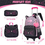 Meetbelify Rolling Backpack for Girls Cute Cat Backpack with Wheels for Elementary Students Kids Black Travel Luggage for Girls Age 6-8