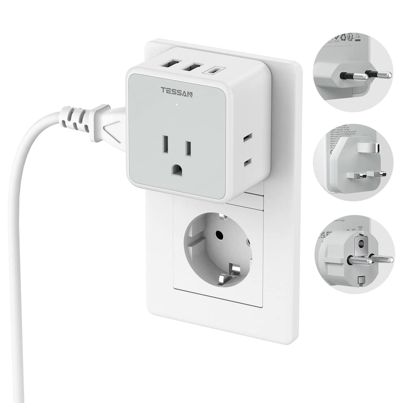 TESSAN All European UK Travel Plug Adapter Kit, International Detachable with 3 Outlet 3 USB Charger (1 USB C), Type C/G/E/F EU Ireland Power Adaptor, US to Europe Italy Spain France Greece