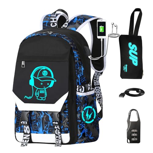 RM Family School Backpack for Boys Print Backpack Teenagers Anime Large School Bag Outdoor Reflective Daypack.Luminous Pattern Travel Laptop Backpack - With Usb Charging Port Headphone port(Blue)