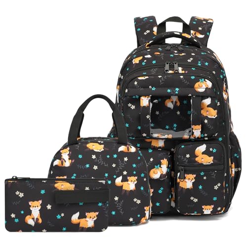 Kouxunt Fox School Backpack for Teens Girls, 3PCS Refrigerator Door Backpacks with Insulated Lunch Box Pencil Bag for Kids Women Students (Black)