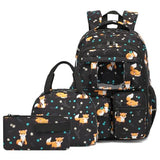 Kouxunt Fox School Backpack for Teens Girls, 3PCS Refrigerator Door Backpacks with Insulated Lunch Box Pencil Bag for Kids Women Students (Black)